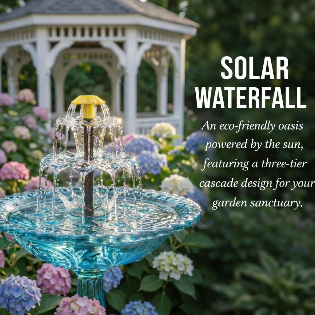 Solar Hanging Bird Bath Fountain, Solar Powered Cascading Water Fountain for Bird Bath, Outdoor Hanging Solar Fountain for Garden Patio Yard, Decorative Bird Bath with Flowing Water Feature (Blue)