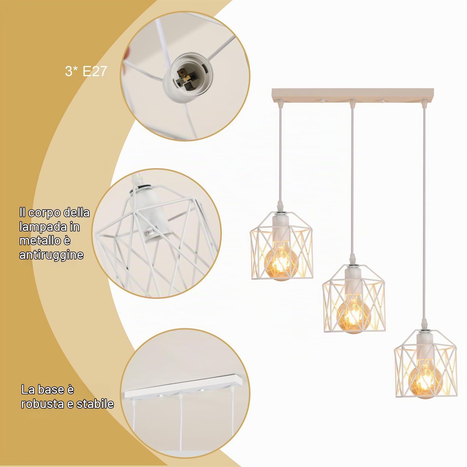 3 Luci Lampada a Sospensione Vintage, E27 Lampadario Industriale | Bianco Metallo, Lampadario da Soffitto Moderno a Forma di Gabbia per Camera da Letto, Cucina, Sala da Pranzo Soggiorno