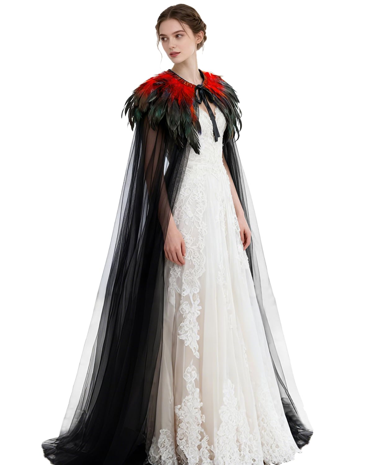 keland Cape Tulle Noir avec Châle à Col de Plumes Déguisement Maléfique Halloween (Rouge)