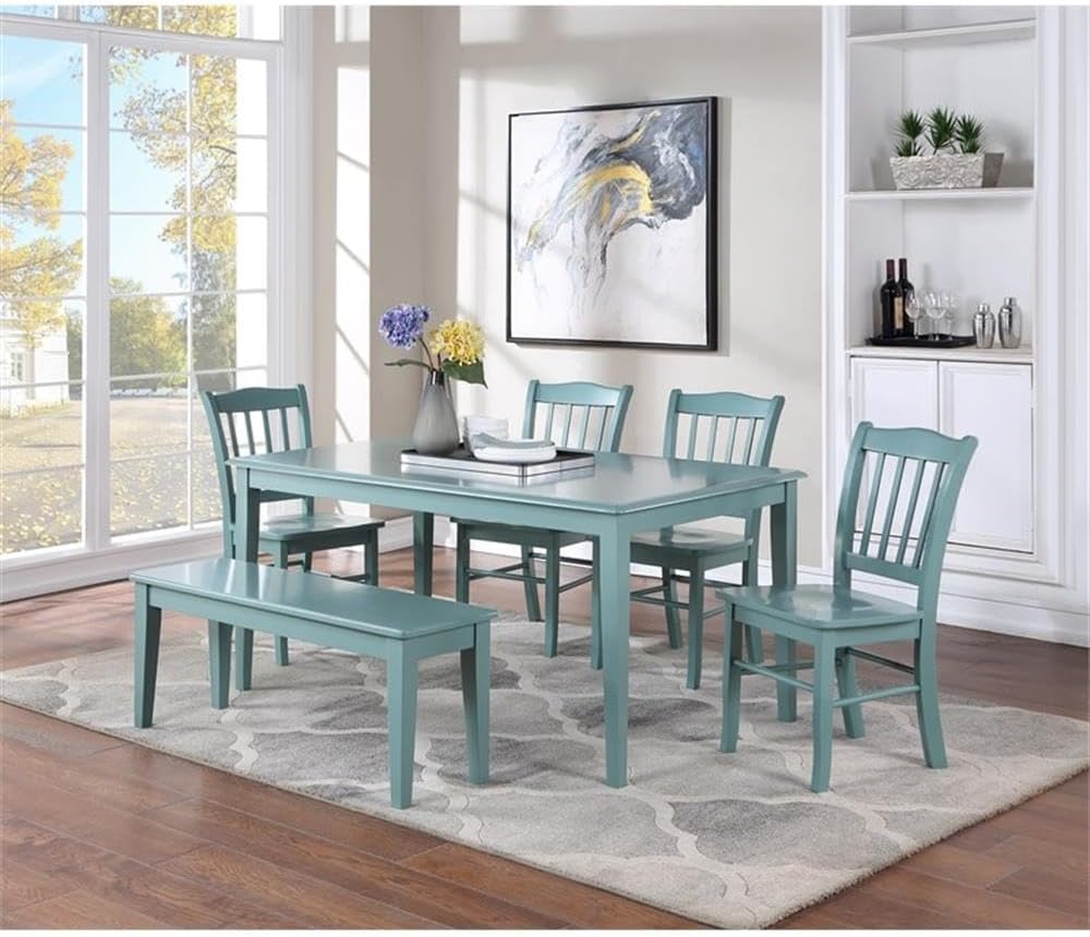 BOWERY HILL Colorado 6-Piece Rubberwood Dining Set, Valley Blue Finish, Includes Dining Table, 4 Chairs, 1 Bench, Seats 6, Shaker Style, Eco-Friendly, Durable Kitchen or Dining Room Furniture Set