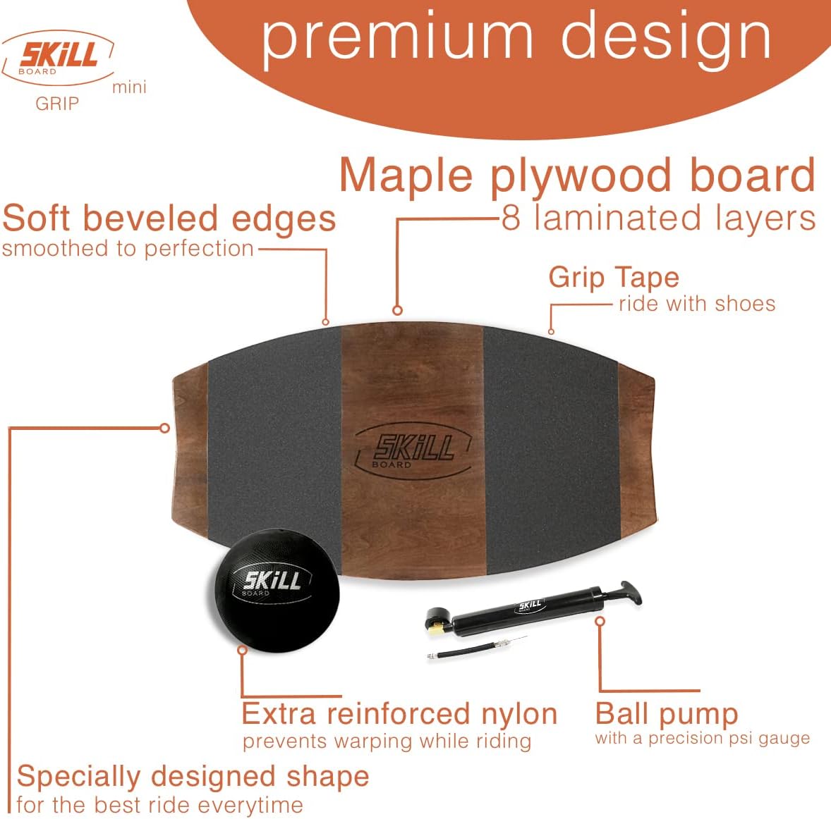 The Skill Board - Wooden Balance Board for Adults - Wobble Board for All Sports, Gym, Standing Desk, or Yard Games - Balance Trainer, Fitness Ball, Ball Pump, Grip Tape