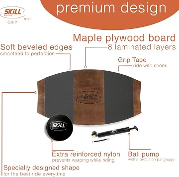 The Skill Board Mini - Wooden Balance Board - Travel Size Balance Trainer for All Sports, Gym, Standing Desk, Yard Games - Includes Fitness Ball, Ball Pump and Grip Tape