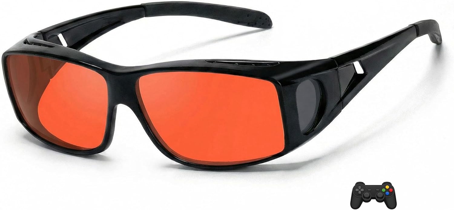 Gaming Glasses Wear Over Prescription, Blue Light Blocking, Headset Compatible, Amber-Orange Lenses to Reduce Digital Eye Strain and Relieve Headaches, Enhance Focus for Esports & Gamers