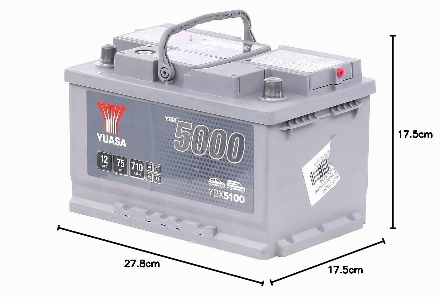 YUASA Batterie 75, Ah 710, A/EN YBX5100 L 278mm B 175mm H 175mm Compatible avec BMW 3 Berline E46 3 Coupé E46 5 Berline E39, RENAULT Clio III 3/5 portes BR0/1, CR0/1, FORD Fiesta Mk6 3/5 portes JA8