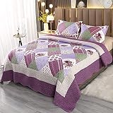 VIVILINEN Quilt Set Full Queen Size Purple Floral Patchwork Reversible Quilted Bedspread Coverlet Se