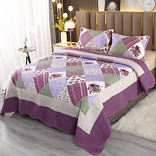 Vivilinen Quilt Set Full Queen Size Purple Floral Patchwork Reversible Quilted Bedspread Coverlet Set 3-Piece Lightweight Comforter Stitched Bedding Set Bed Sheet Cover Blanket With Pillow Shams #TOP4