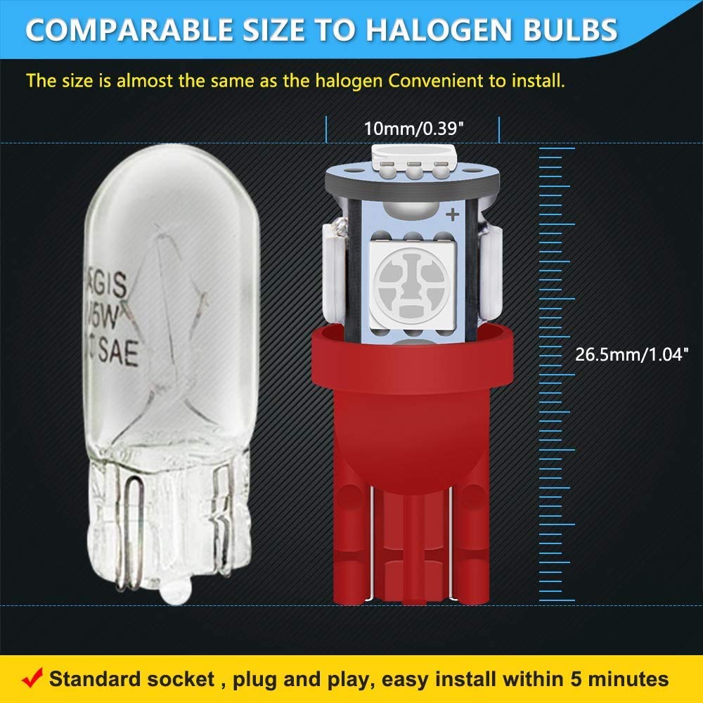 8MM Round LED T10 194 168 501 W5W Red Interior Dome Light Bulb - 30000 Hour Life, Direct Fit