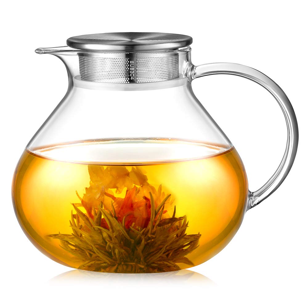 ecooe 1400ml Einfach Glas Teekanne mit 18/8 Silberne Edelstahl 2 in 1 Teesieb Deckel Borosilicate Glas Teebereiter Geeignet für Kalte und Heiße Getränke Offenem Feuer Herd Teewarmer