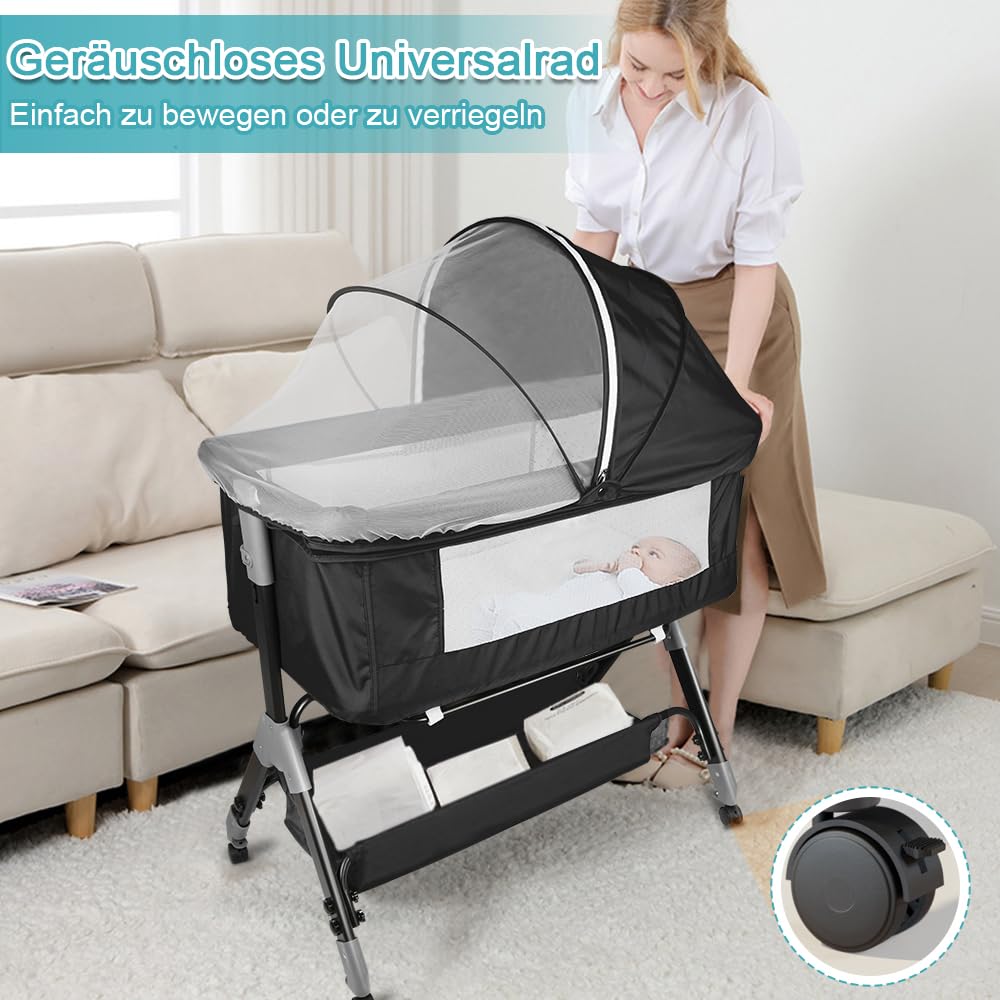 OHMG Bassinet Śpiwór 3 w 1, składane łóżeczko dziecięce, rocking bassinet z materacem i prześcieradłami, regulowana wysokość, zdejmowana oddychająca osłona, łatwe do złożenia (czarny (104 x 52 x 103