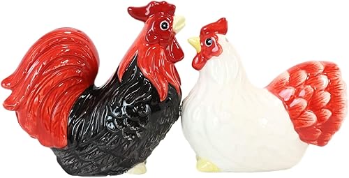 Ebros Gift Juego de salero y pimentero magnético de cerámica rústica de granja de pollos negros y pollos blancos para el hogar y la cocina,