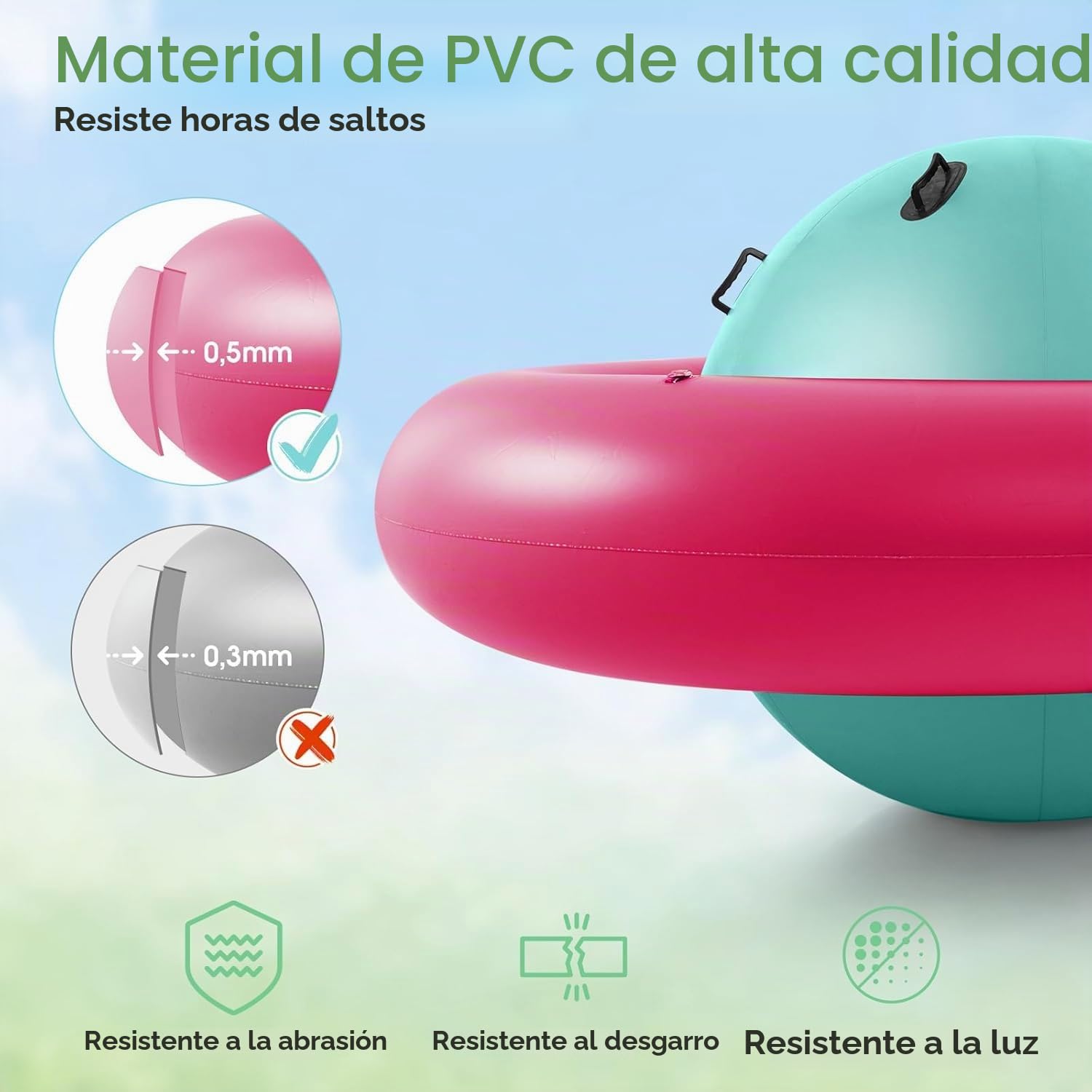 FANTASK Balancín Inflable para niños de 223 cm con 6 Asas integradas (Rosa + Verde)