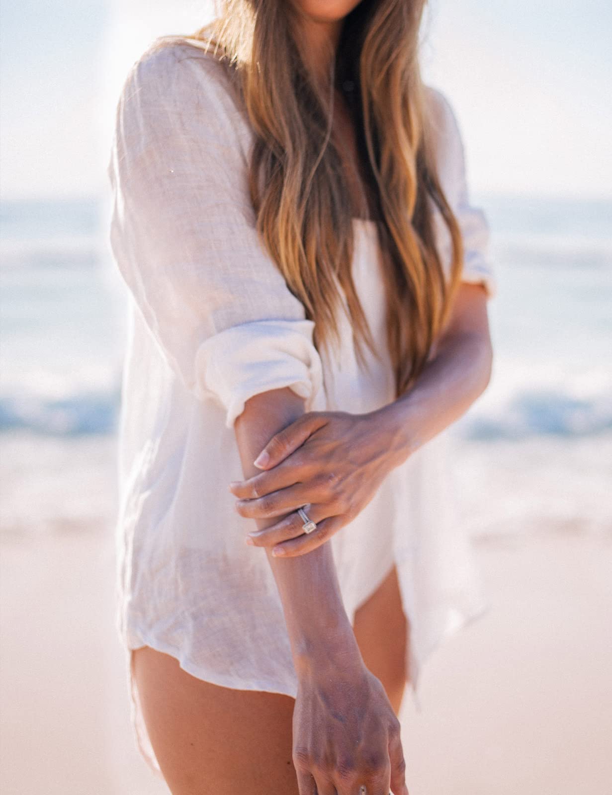 Niwicee Chemise Femme De Plage Ete, Tunique Paréo Chemisier Plage Chic Manches Longues Fluide Blouse Boutonnee,Maillot de Bain Bikini Cover Up,Cache-Maillots Et Sarongs Haut Beachwear
