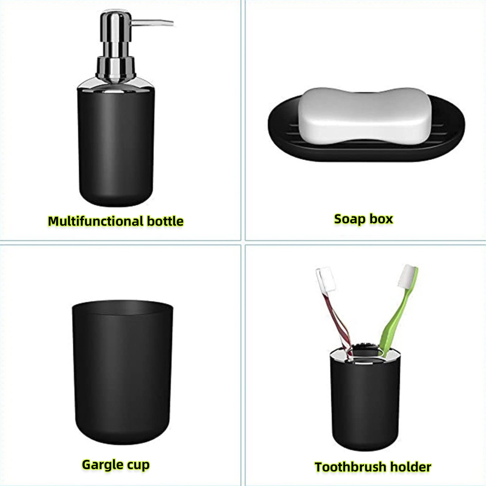 Hosoncovy 4 Pieces Bathroom Accessory Set including Soap Dispenser, Bathroom Cup, Soap Dish ,Toothbrush and Toothpaste Holder (Black) - Image 3