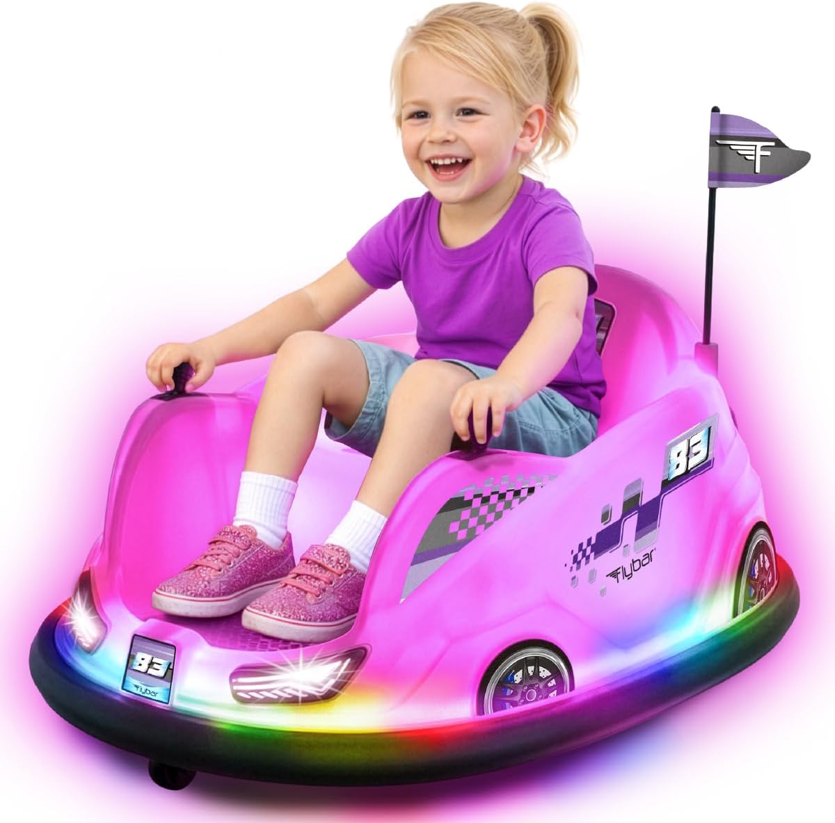 Flybar 12V Glow Bumper Car Ride On Toy - Indoor/Outdoor Toys, Toddler Toys, Bumper Cars, Kids Electric Car, w/ 360° Spins, Multi-Color LED Lights, Max Weight of 100lbs, Age 4-9yrs, Pink
