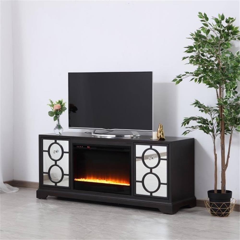 Pemberly Row 60" Crystal Fireplace TV Stand, Hand Painted Dark Walnut Finish, Wood and Metal Construction, Adjustable Electric Fireplace Insert, Living Room Media Center with Storage Drawers and