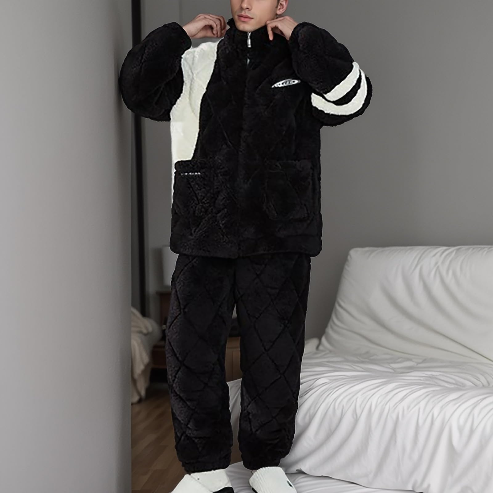 Pigiama da Uomo Set Notte Casa Homewear a Maniche Lunghe Top e Pantaloni Lunghi Mezza Stagione Delicato sulla Pelle Elegante