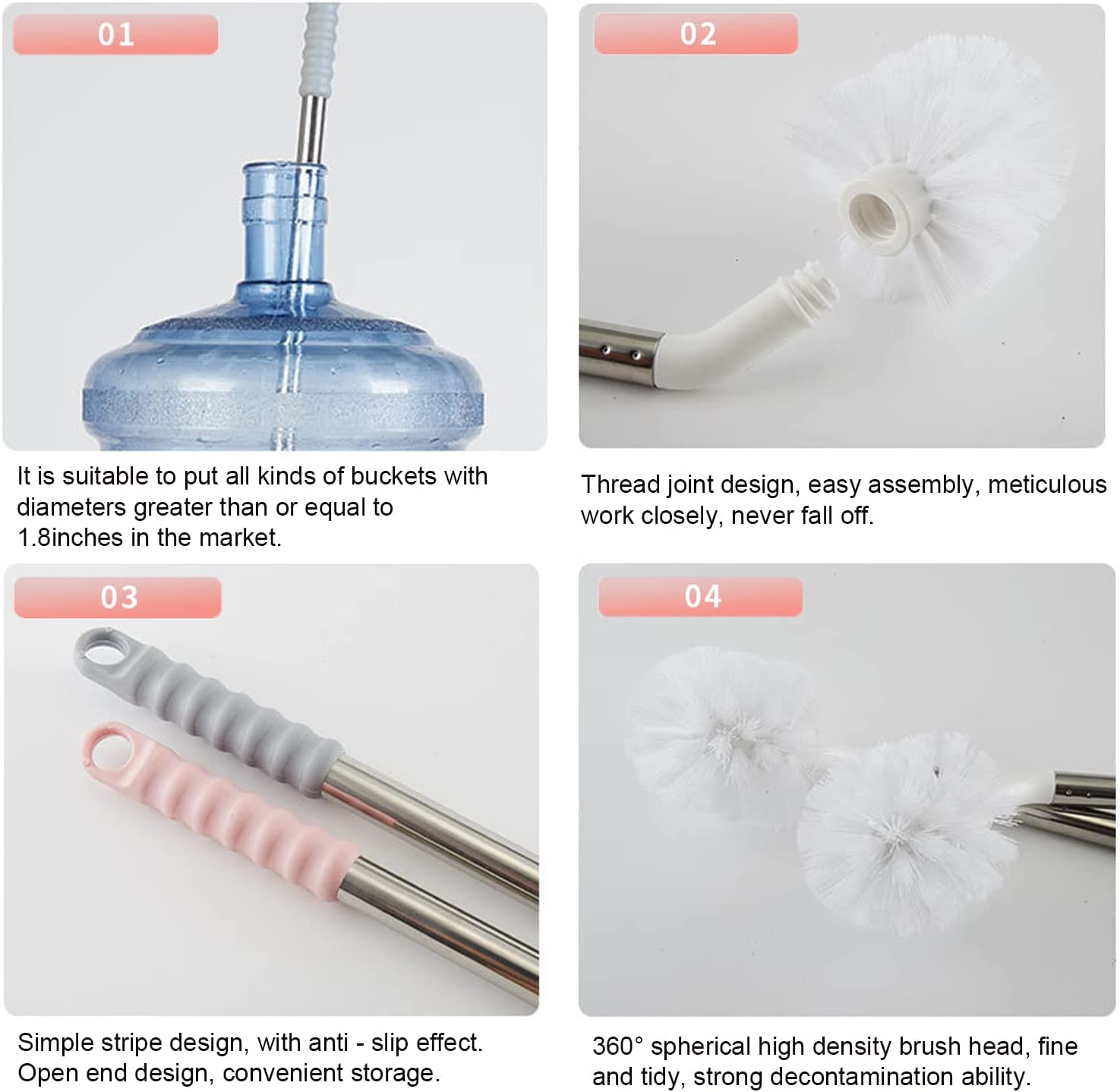 SPAREQUE Stainless Steel Water Bucket Bottle Brush, Long Handle Scrubbing Brush, Suitable for Cleaning 1 to 5 Gallon Buckets, Water Jug Brush Cleaner,Long 3 & 5 Gallon Bottle Brush Cleaner, Stainless Steel Handle,Nylon Bristles,Bottle Cleaning Brush 2