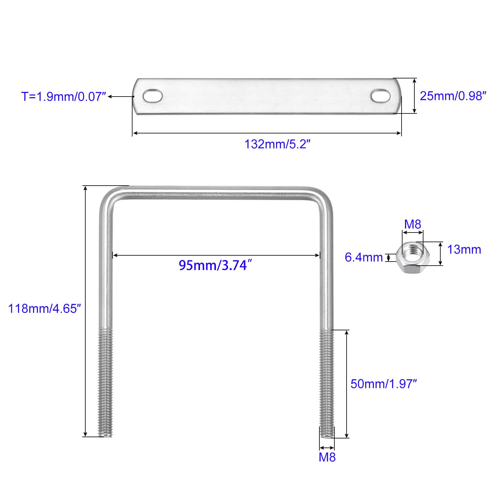MACHSWON Square U-Bolt,3 Set 304 Stainless Steel M8 U Bolts 95mm(3.82") Inner Width 118mm Length with Nuts and Frame Plate for Automobiles Boat Trailer - Image 2