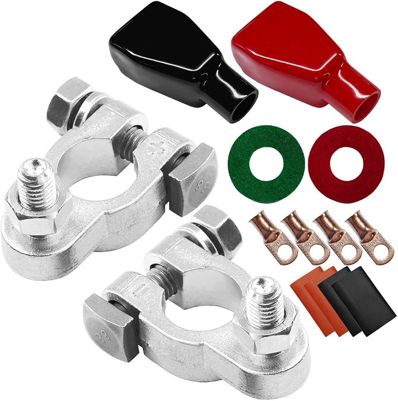 Kit de Terminais de Bateria Automotiva DUSCOKE em Cobre para Polo Superior – Positivo e Negativo, 4 Lugs, 4 Tubos Termorretráteis e Acessórios