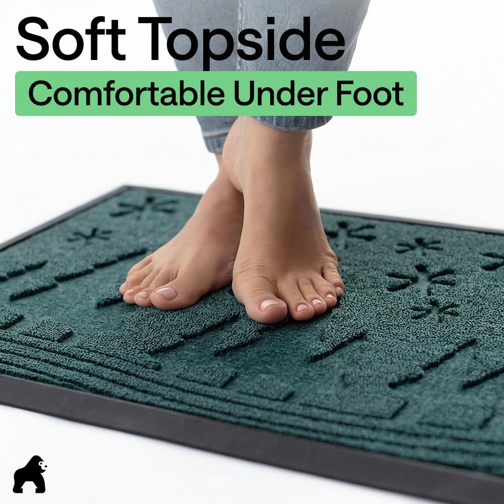 GORILLA GRIP 100% Waterproof All-Season WeatherMAX Doormat 35x23, US Designed Natural Rubber, Stain and Fade Resistant, Low Profile Indoor Outdoor Door Mats, Easy Clean Patio Mat, Green Snowscape