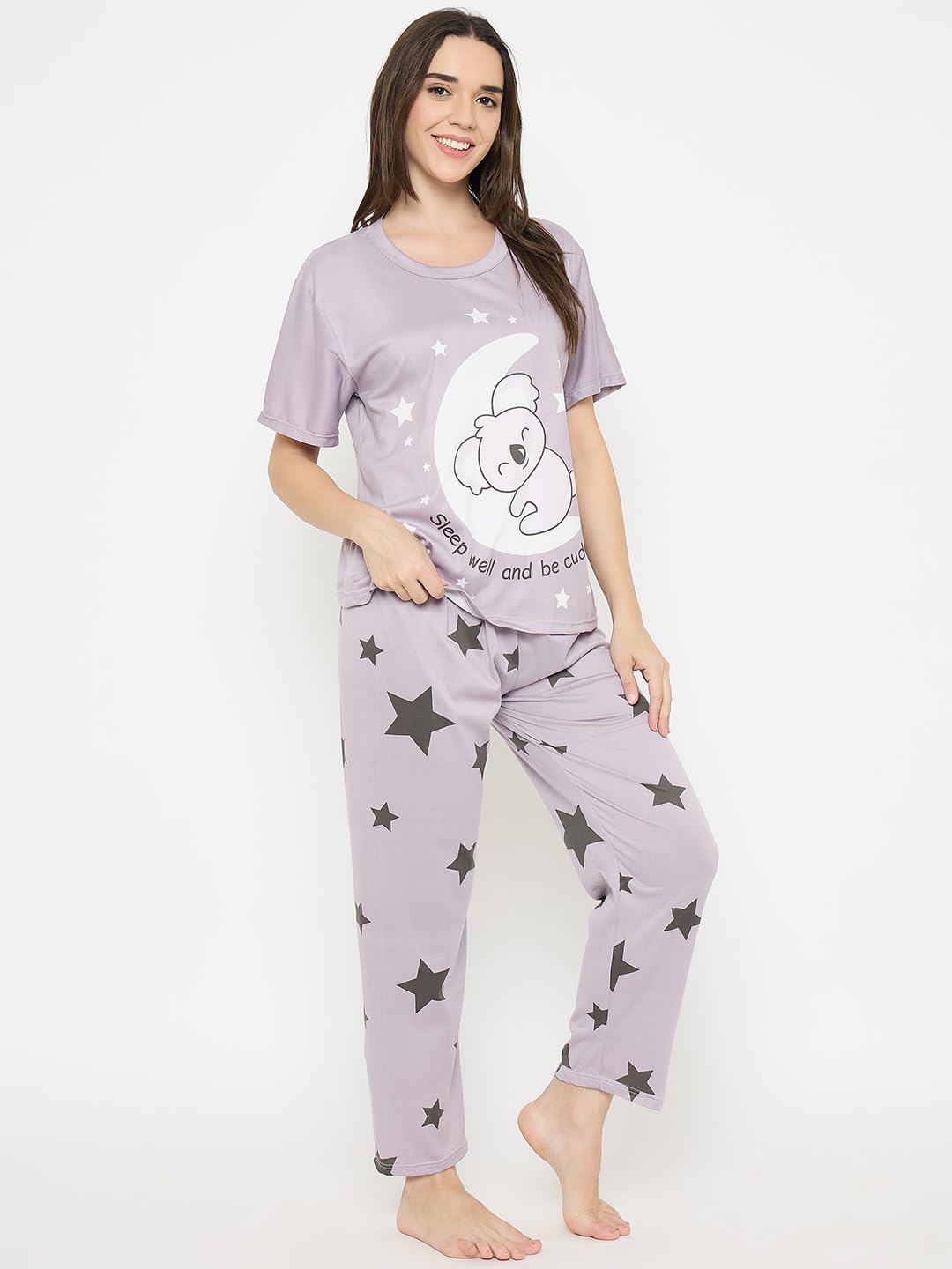 CAMEY Women's Printed Pyjama Set, Short Sleeve T-Shirt and Trousers, Women Nightsuit, Loungewear Sets (Purple, M) - Image 4 thumbnail