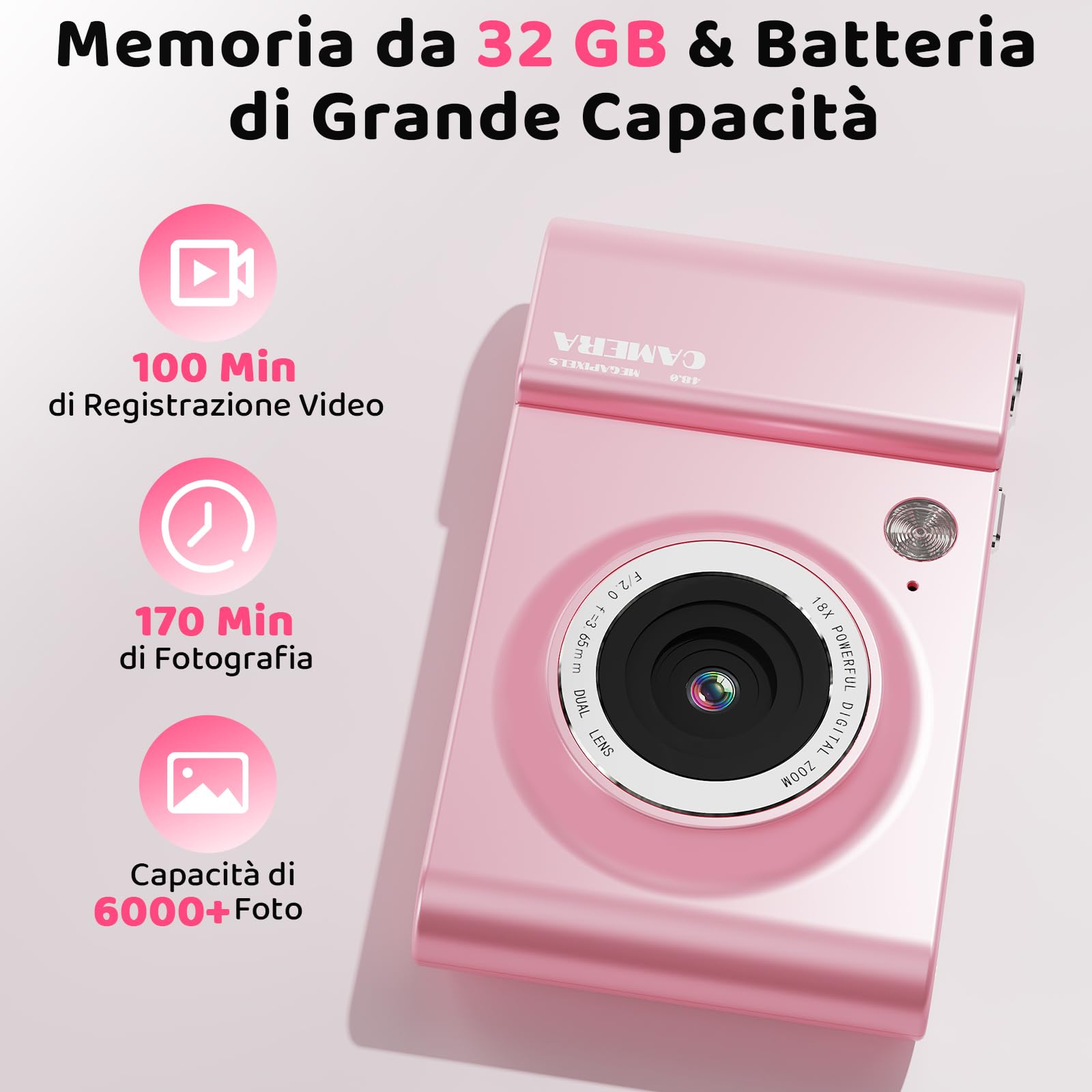 CHAKEYAKE Fotocamera Digitale, 4K 64MP Fotocamera con Zoom Digitale 18X, Schermo LCD Da 2,4", Autofocus, Scheda 32 GB, Filtri, Fotocamera Portatile per Bambini, Adolescenti, Vlogger Principianti, Rosa