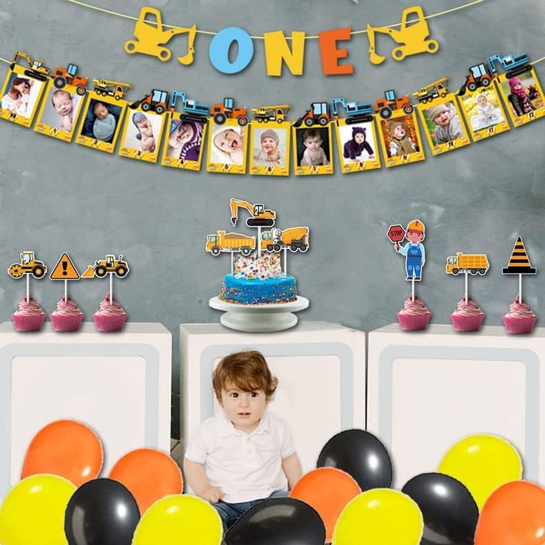 Miniatura 5 de Juego de decoración de fiesta de primer cumpleaños de construcción, paquete de suministros de fiesta de construcción de un niño, tema de primer