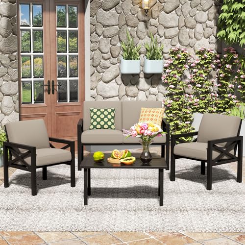 Image of NATURAL EXPRESSIONS Outdoor Patio Furniture 4 Pieces Set, Modern Patio Conversation Sets, Outdoor Sectional Metal Sofa with 5.5 Inch Cushion and Coffee Table,Shale