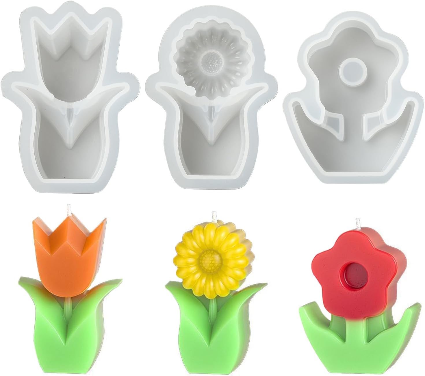 Stiesy Flower Candle Molds 3 Pcs, 3 Styles Tulip Sunflower with Leaf Silicone Fondant Moulds Resin Casting & Making Molds for Candle, Wax, Soaps Craft Supplies