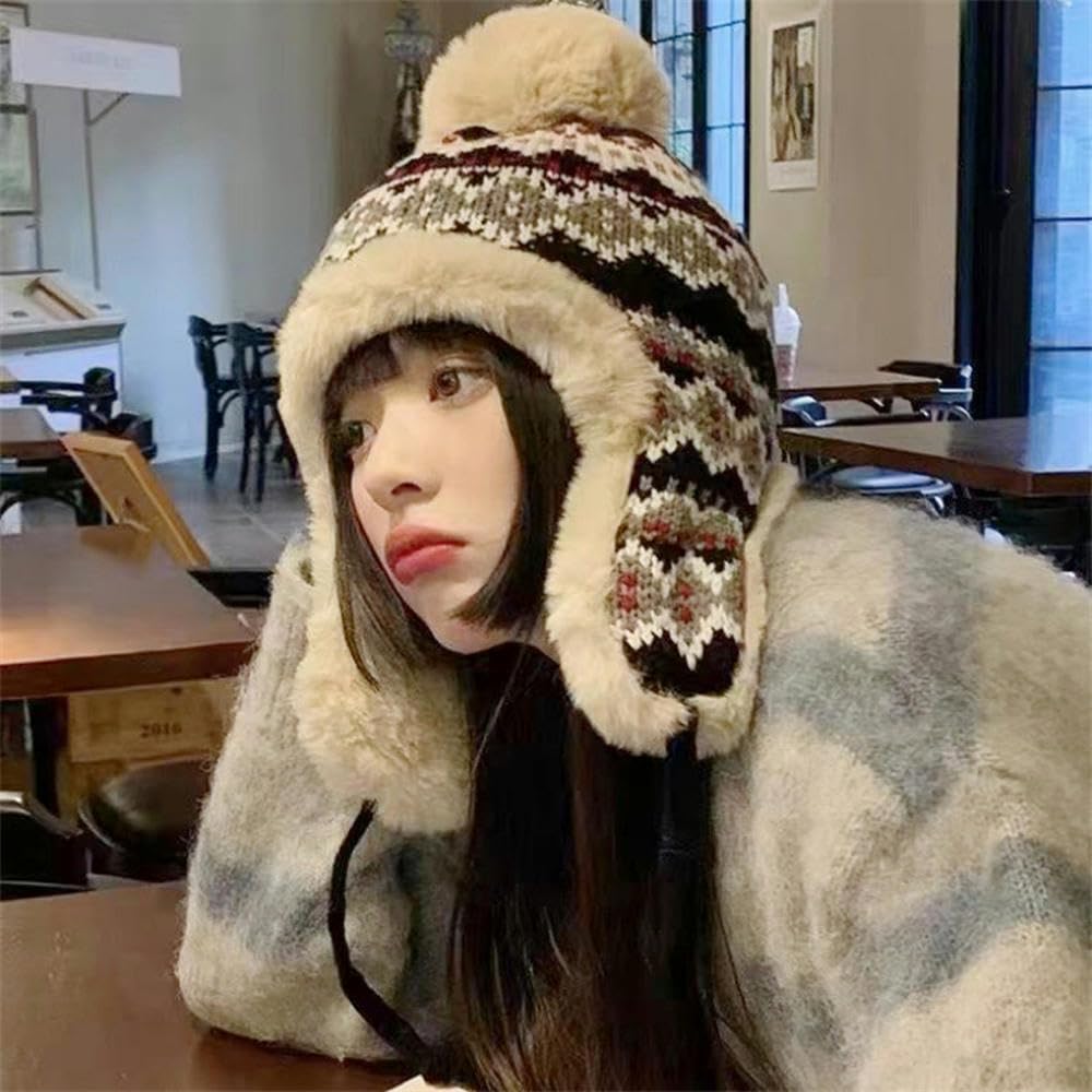 Czapki dla kobiet kobiety zimowa czapka beanie gruba podszewka ciepła klapka na uszy czapka traperska pompon żakardowa dzianinowa na zewnątrz narciarska czapka śnieżna