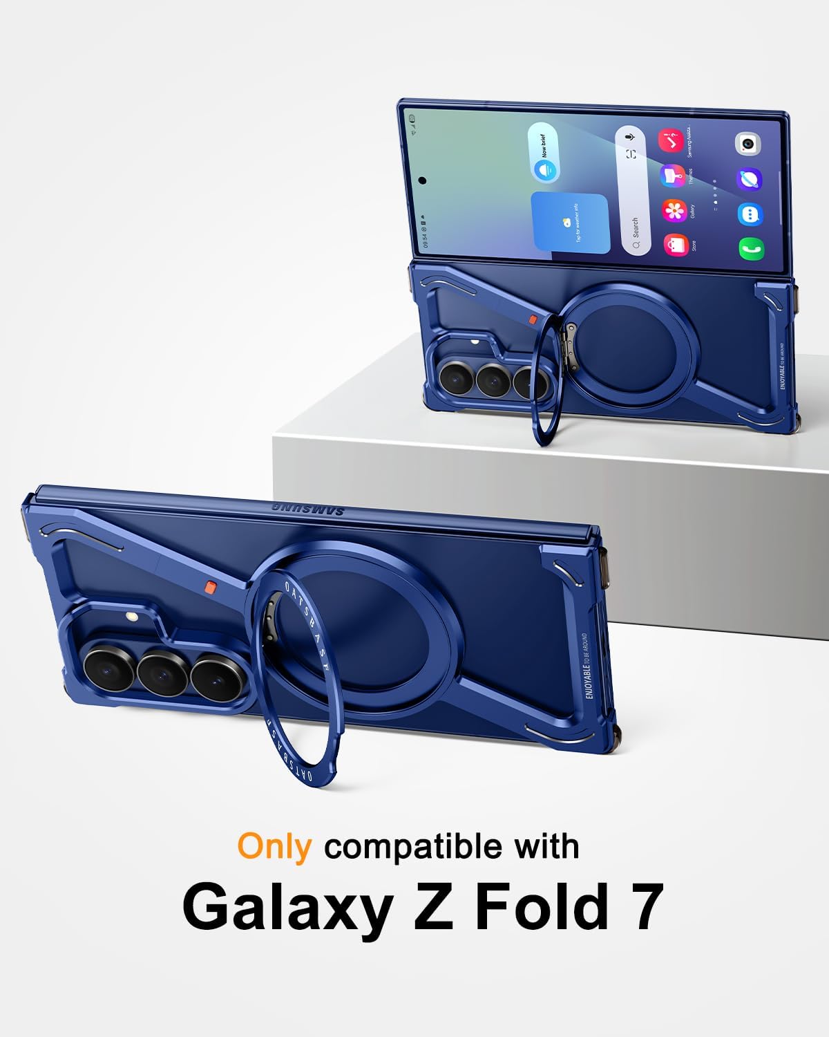 OATSBASF Minimalist Phone Case for Samsung Galaxy Z Fold 7, 360° Rotation Kickstand Aluminum Metal Frameless Design Bumper Z Case, Protective Shock Grade Shell (Blue)