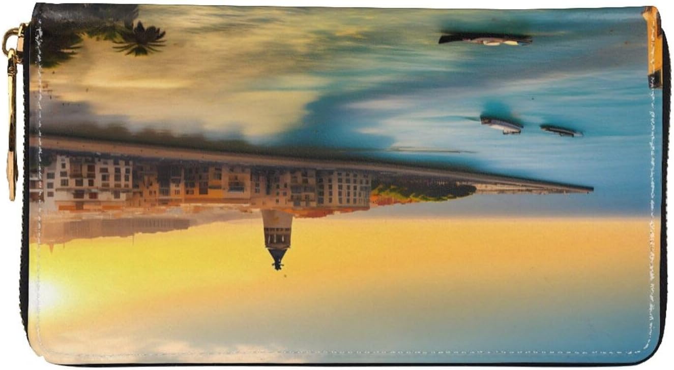 Sunset in Barcelona Long Zip Around Wallet for Women, Large Capacity RFID Leather Wristlet Wallet with 12 Card Slots Coin Purse, Fashion Clutch Purse with Wrist Strap