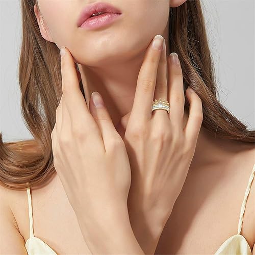 Miniatura 4 de Jeulia Anillo de plata de ley 925 con corona de 2 quilates para mujer, corona de dos tonos de corte redondo, juego de anillos de boda chapados