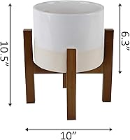 Vista 2 de Flora Bunda Maceta de cerámica Mid Century de 8 pulgadas, maceta grande de dos tonos en soporte de madera, color blanco