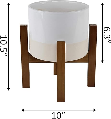 Miniatura 2 de Flora Bunda Maceta de cerámica Mid Century de 8 pulgadas, maceta grande de dos tonos en soporte de madera, color blanco