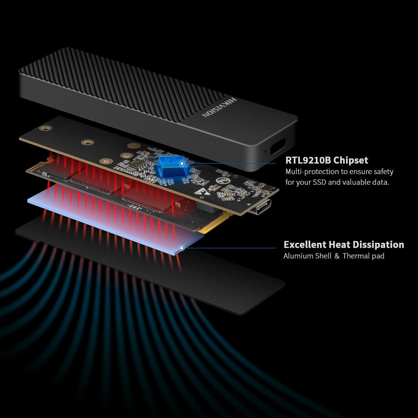 Hikvision M.2 NVME/SATA SSD Enclosure Alluminio Adapter, USB C 3.1 Gen2 10Gbps NVME, 6Gbps SATA PCIe M-Key (B+M), Supporto UASP Trim, Case SSD M.2 per SSD Size 2242/2260/2280, Nero