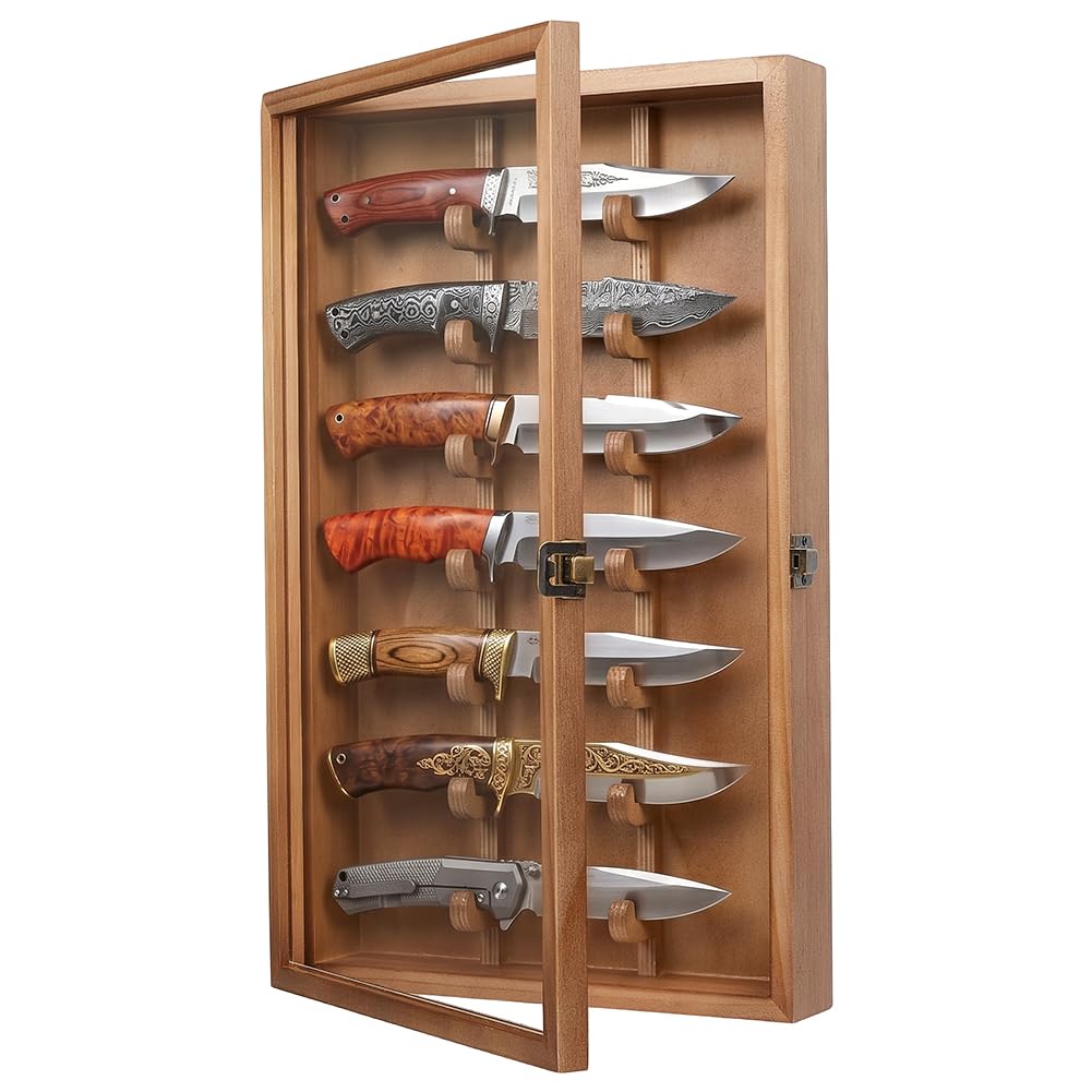 UNICRAFTALE Espositore per coltelli in legno di pino, con coperchio in acrilico visibile con serratura, 43 x 25,5 cm, espositore per la collezione di coltelli, per riporre oggetti in casa