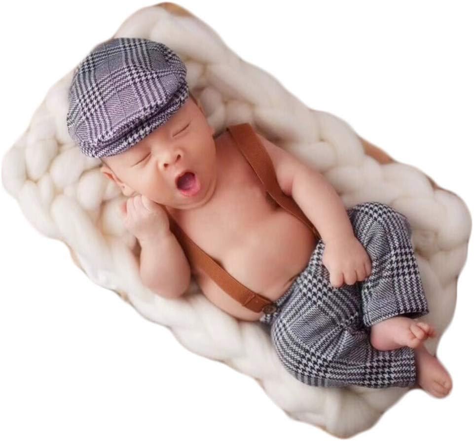 ZeroestBaby Photography Props Newborn Boy Photo Shoot Outfits Infant Gentleman Suit Lattice Rompers Hats