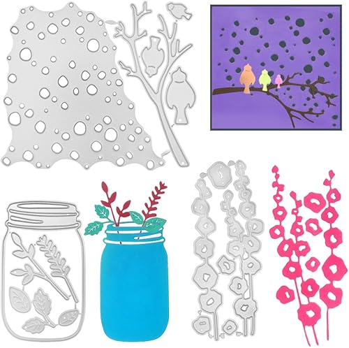SourceTon Juego de troqueles de corte de metal de 4 piezas, plantillas de estampado de flor de ciruelo, pájaro y jarrón | Herramientas de álbum de
