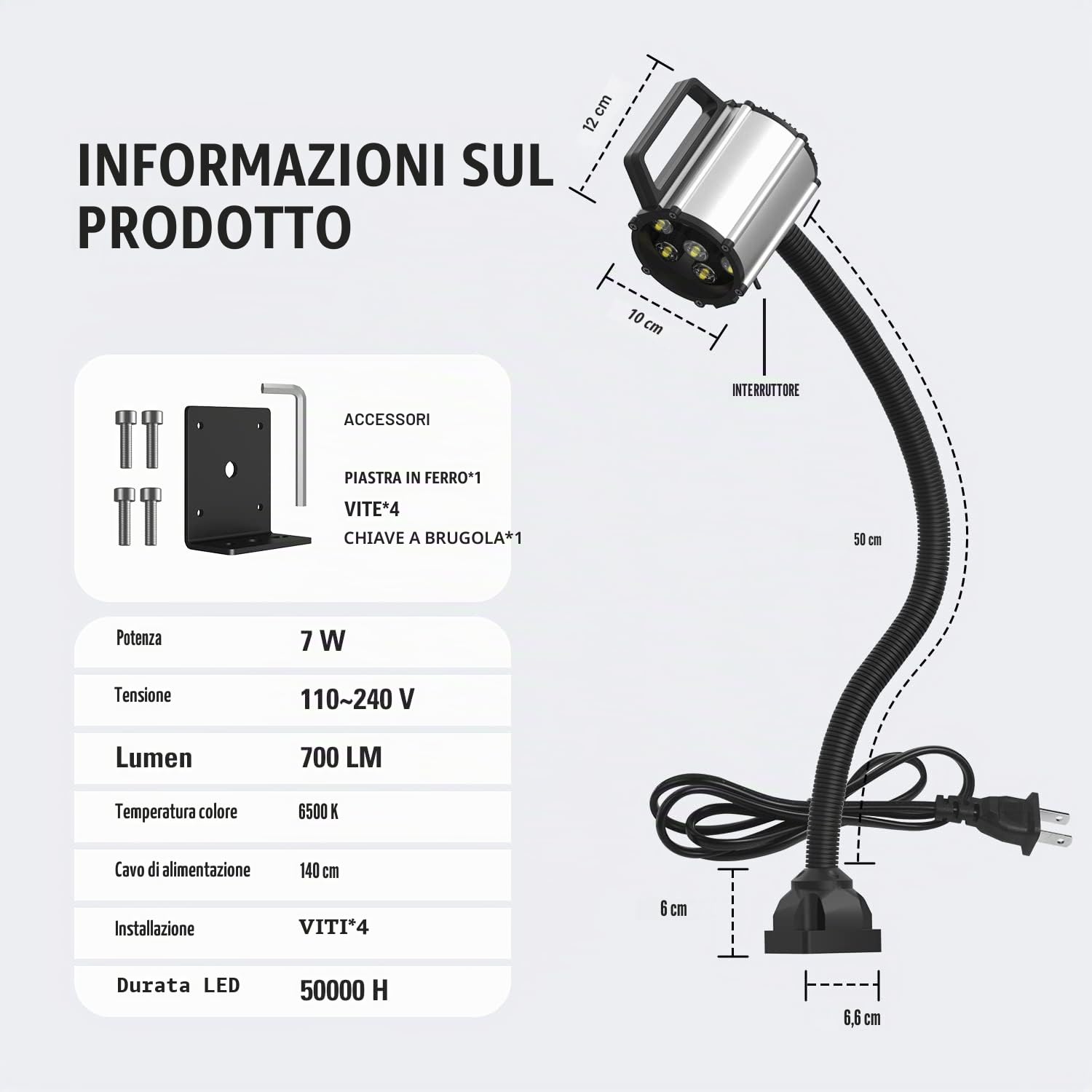 Lampada da lavoro a LED a collo di cigno, luce magnetica a LED IP66, impermeabile, flessibile, 900 lumen, 120 Volt, fissa con viti, illuminazione industriale per utensili e lathe