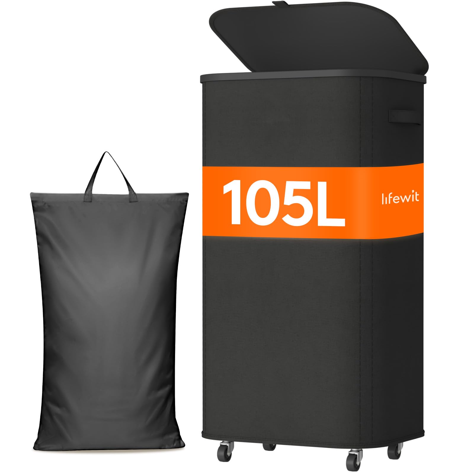 Lifewit 105L Wäschebehälter mit Abdeckung auf Rollen, Wäschecontainer mit Plastikrahmen, Schwarz, 43 * 33 * 80.5cm
