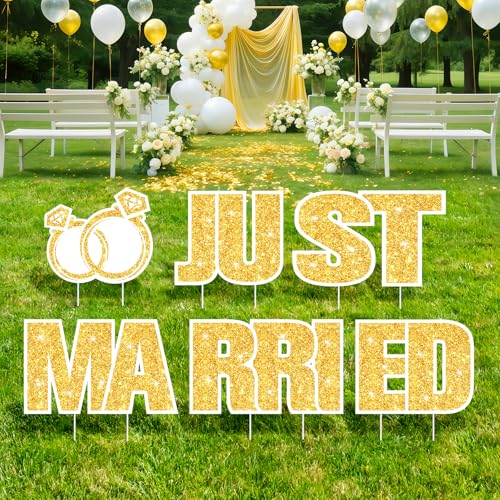 Just Married Yard Signs with Stakes Decorations, Large Gold JUST MARRIED Letters Yard Sign Wedding Outdoor Lawn Signs for Wedding Anniversary Engagement Party Bridal Shower Garden Photo Booth Supplies