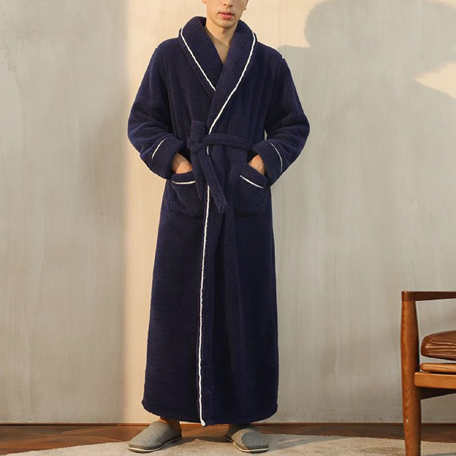 Albornoces largos y cálidos para hombre y mujer, para invierno, albornoz de franela de viaje, de forro polar, tallas grandes, bata de baño de manga larga, suave, cómoda, mullida