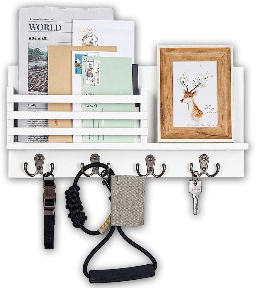 Wooden Key and Mail Holder for Wall Decorative - Mail Organizer Wall Mount, Mail Sorter Organizer with 4 Key Rack Hooks, Rustic Hanging Decor for Entryway, Office