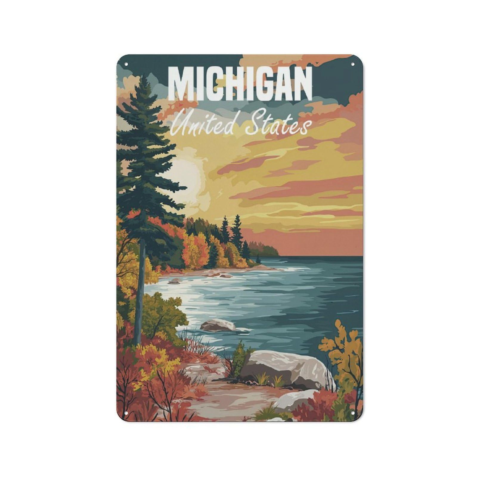 Junmoney Michigan Landscape Rustic Metal Wall Sign 30X20cm For Kitchen Or Home Bar, Suited To Home Bar Enthusiasts