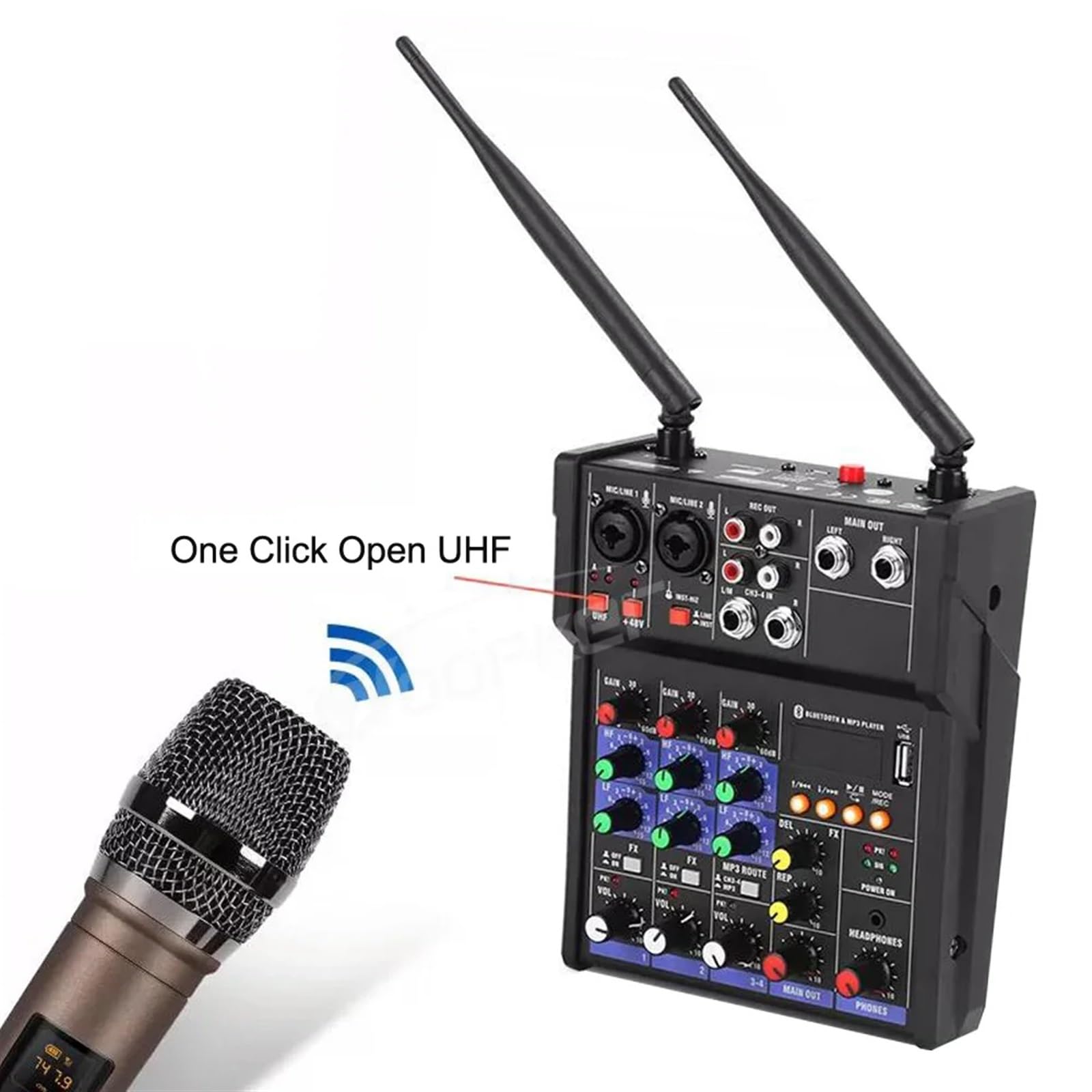 Console mixer audio a 4 canali Woopker con microfono wireless Mixing Ingresso USB Mixer DJ Artisti e Band(Black Set)