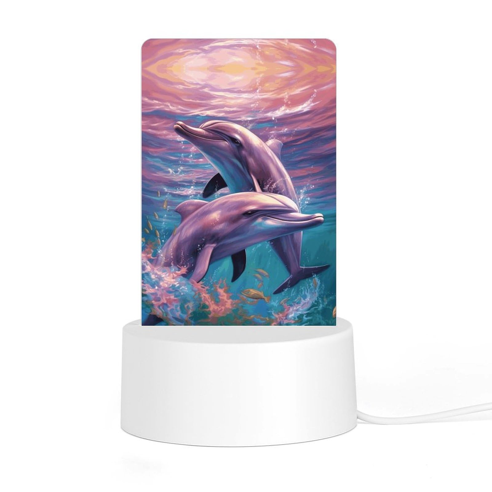 JTREHY Acrylic Night Light with Base Dolphin Art Print Desktop Night Light LED Bedside Night Light for Bedroom Bathroom Hallway Holiday Gift