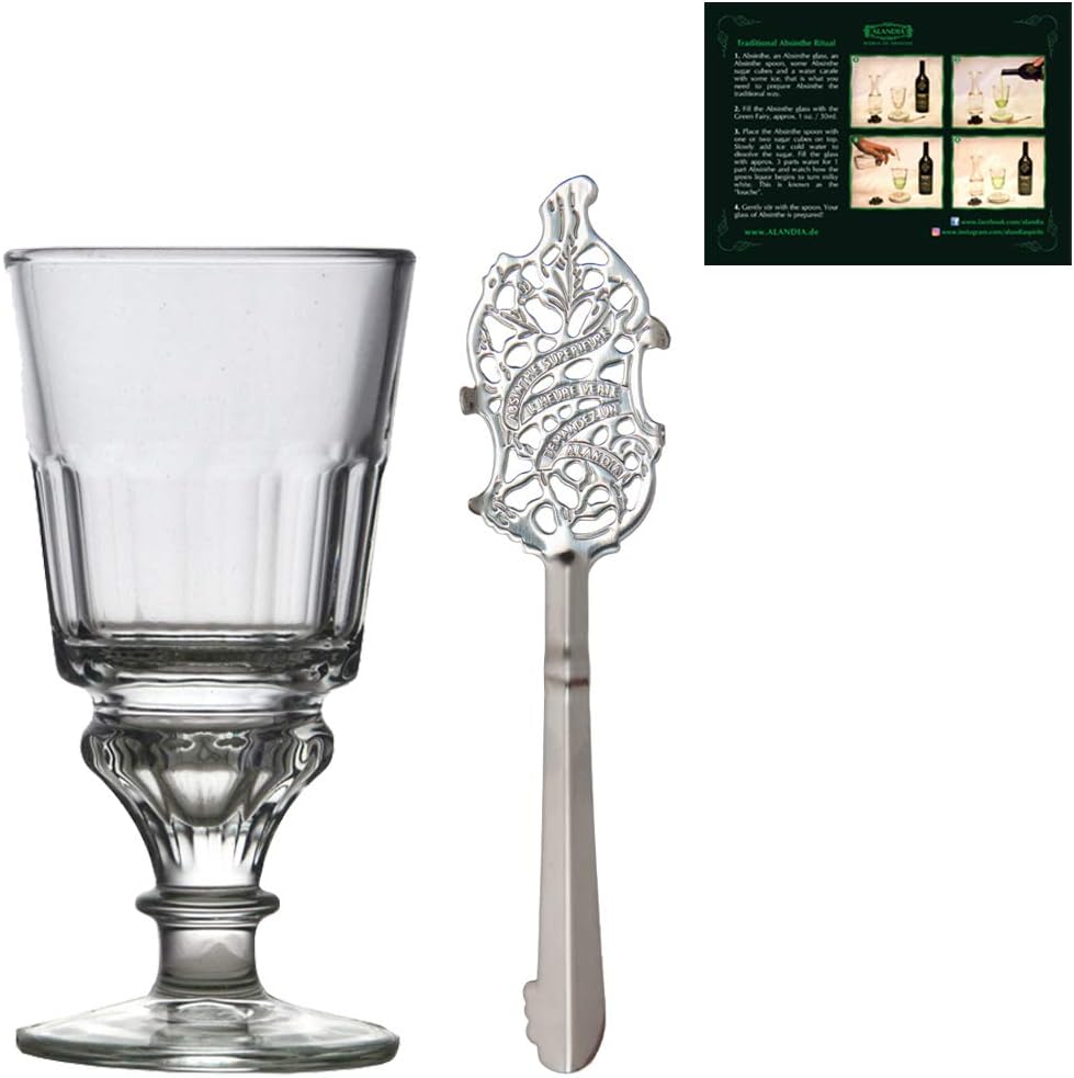 Absinthe Spoon and Glass Set Pontarlier | Absinthe Glass with Reservoir | Stainless Steel Absinthe Spoon