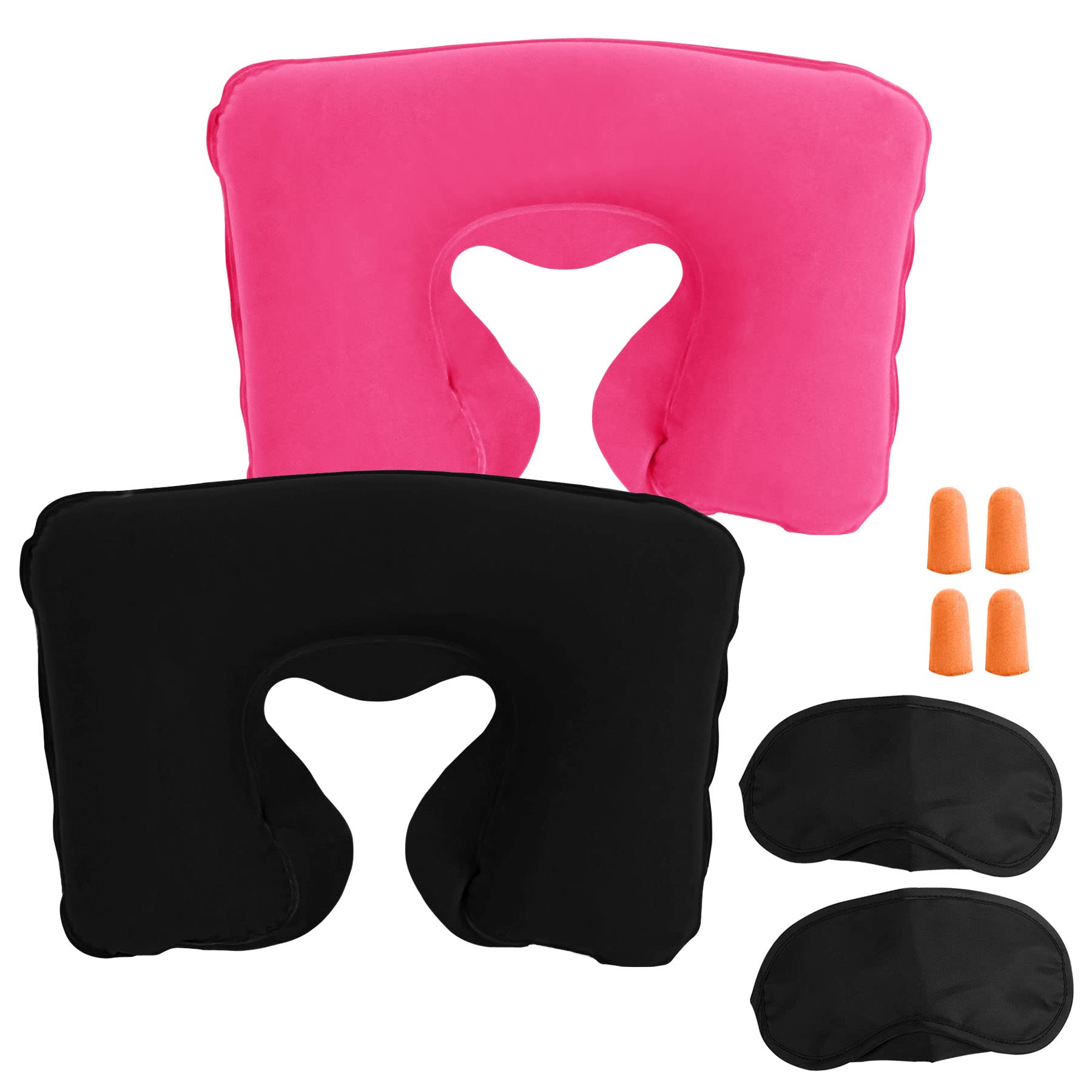 Lillyvale INFLATABLE TRAVEL NECK PILLOW - Soft FLIGHT REST/SUPPORT CUSHION HEAD & NECK (Black + Hot Pink)