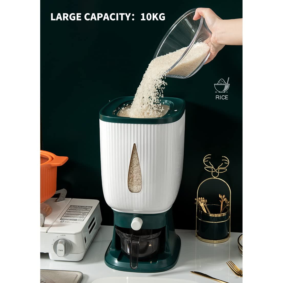 Distributeur de céréales - 10 kg - Avec couvercle et gobelet à rice - Grand distributeur de farine - Distributeur de céréales - Distributeur de céréales - Rangement de la nourriture pour